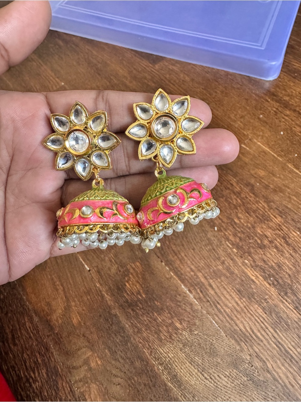 Handcrafted Gold-Tone Kundan Floral Jhumka Earrings with Pink & Green Enamel